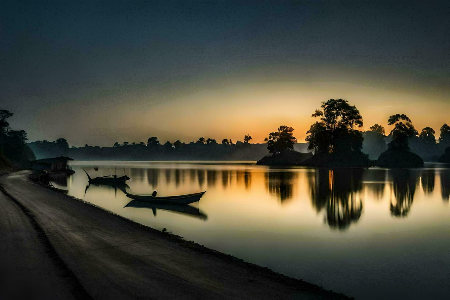 ein Boot ist auf das Ufer von ein Fluss beim Sonnenuntergang. KI-generiert foto