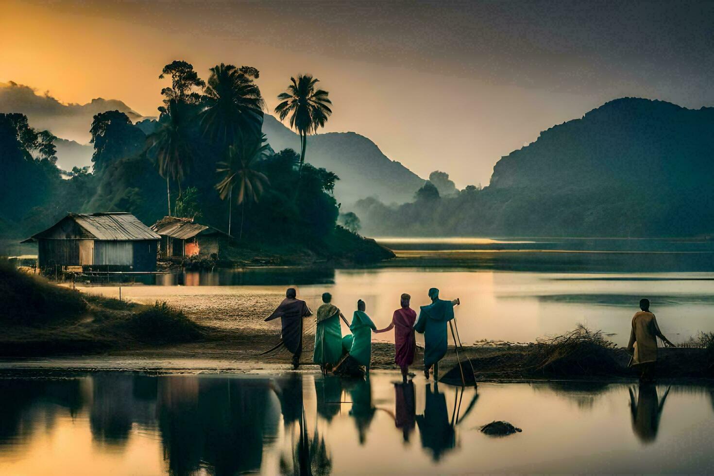 Menschen Gehen entlang das Ufer von ein See beim Sonnenuntergang. KI-generiert foto