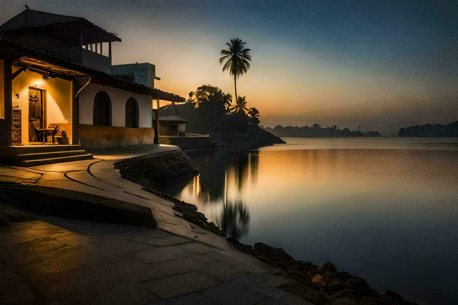 ein Haus auf das Wasser beim Sonnenuntergang. KI-generiert foto