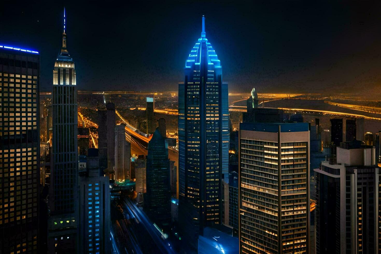 das Stadt Horizont beim Nacht mit Blau Beleuchtung. KI-generiert foto