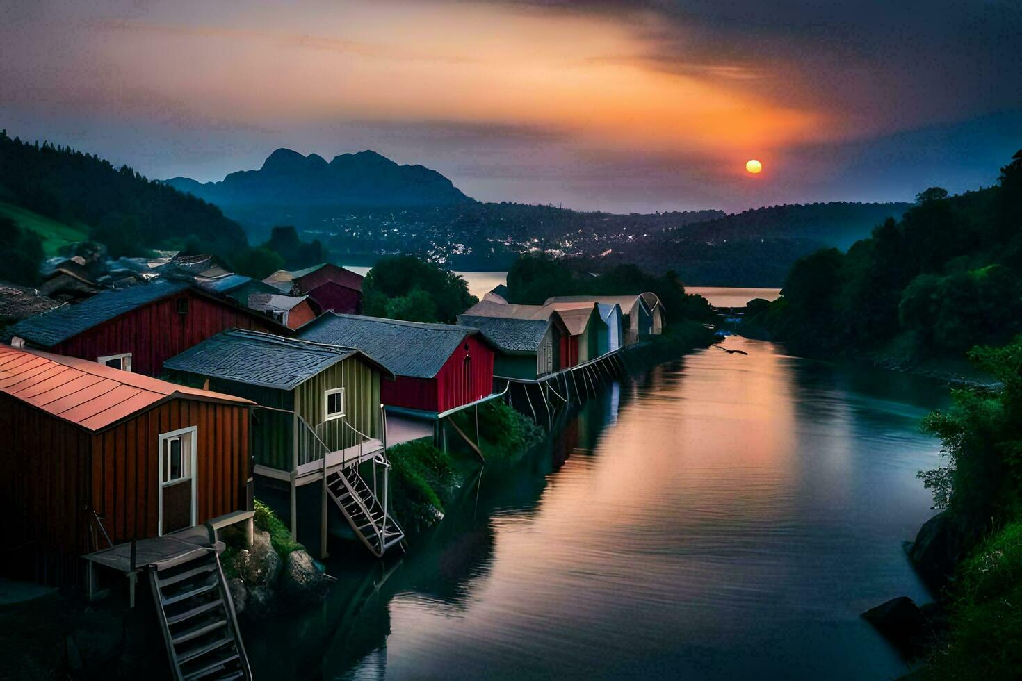 Foto Hintergrund das Himmel, Wasser, Berge, Sonnenuntergang, das Sonne, das Himmel, das Wasser. KI-generiert