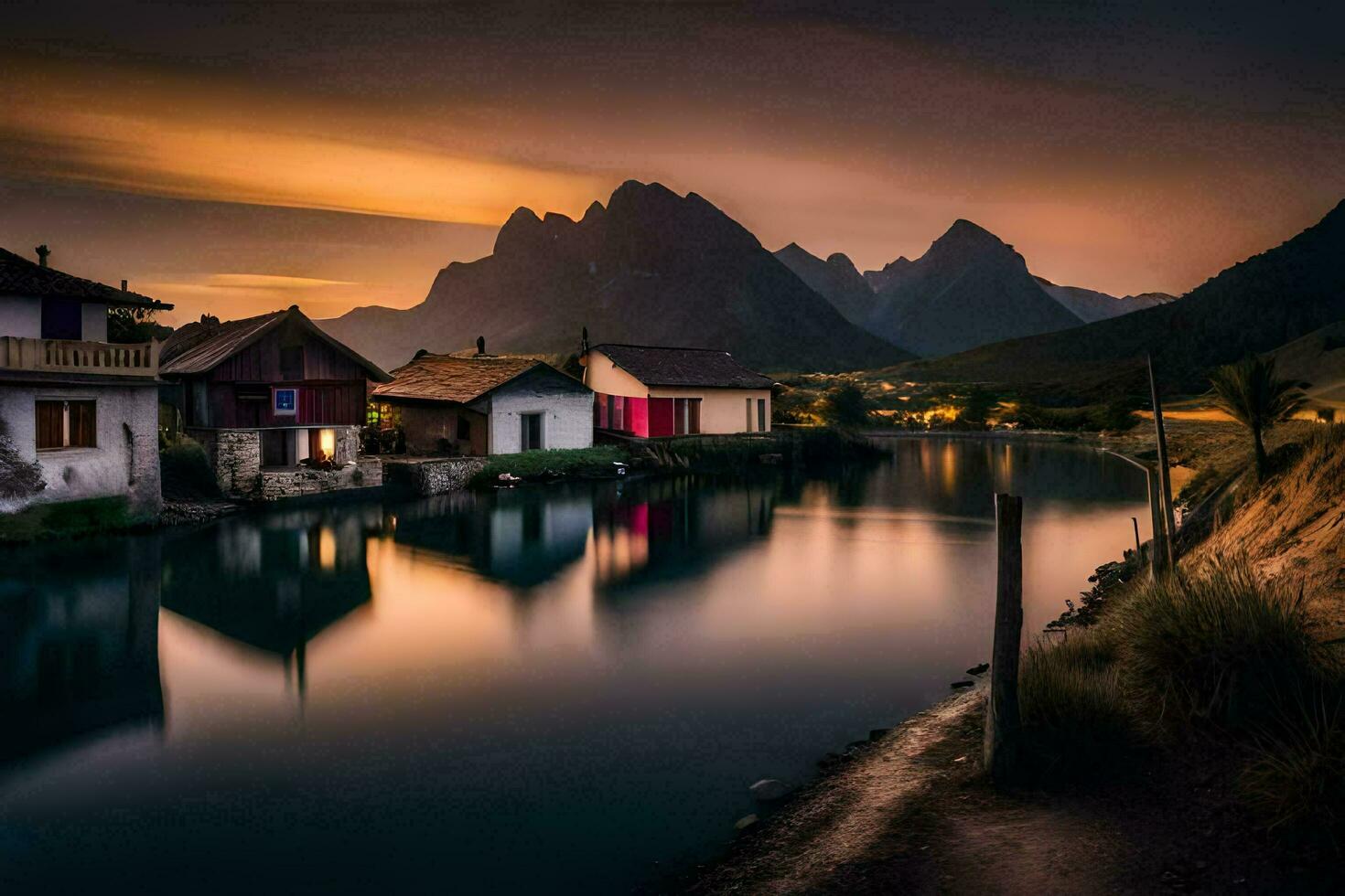 ein Fluss läuft durch ein Dorf beim Sonnenuntergang. KI-generiert foto