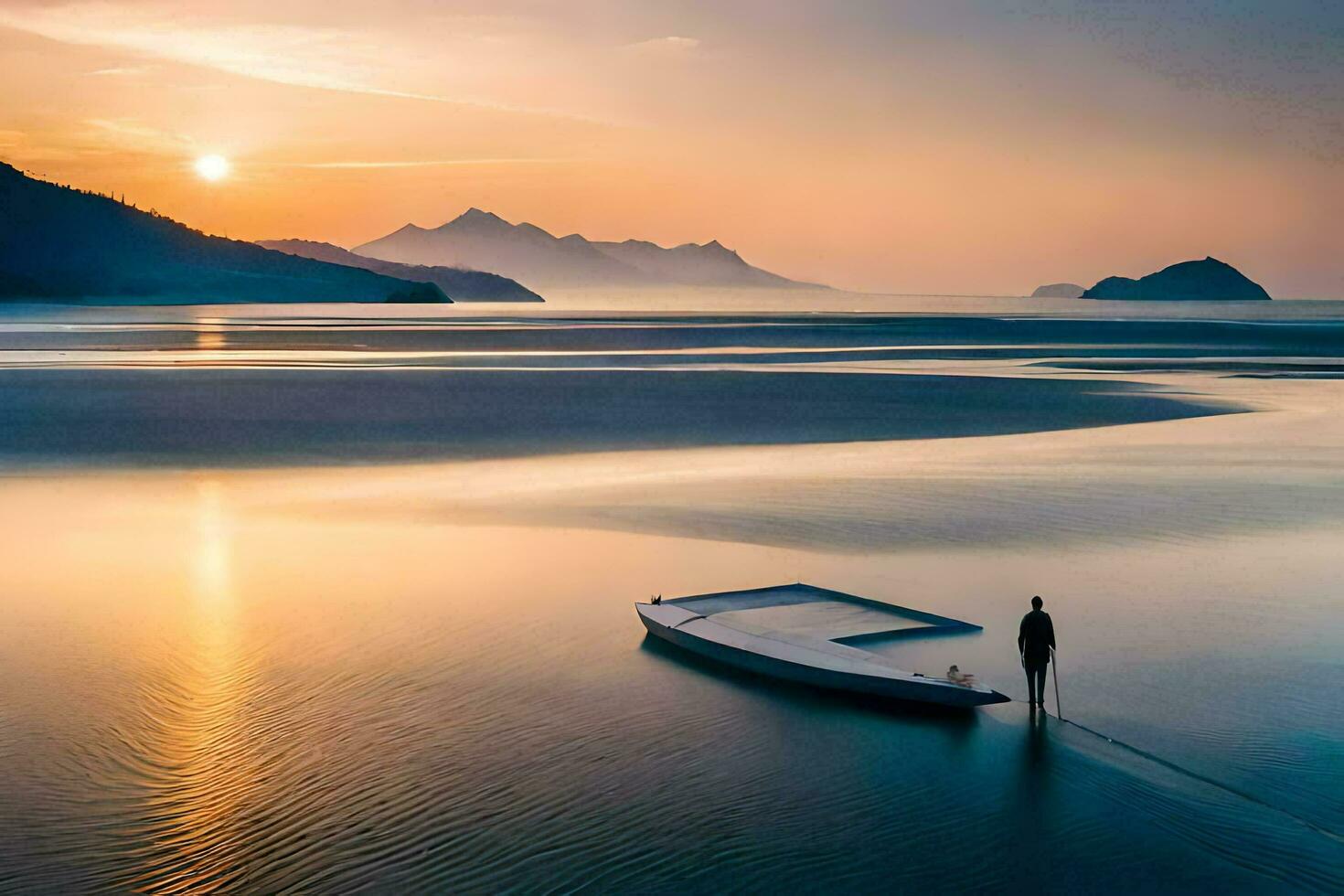 ein Mann steht auf das Ufer von ein See beim Sonnenuntergang. KI-generiert foto