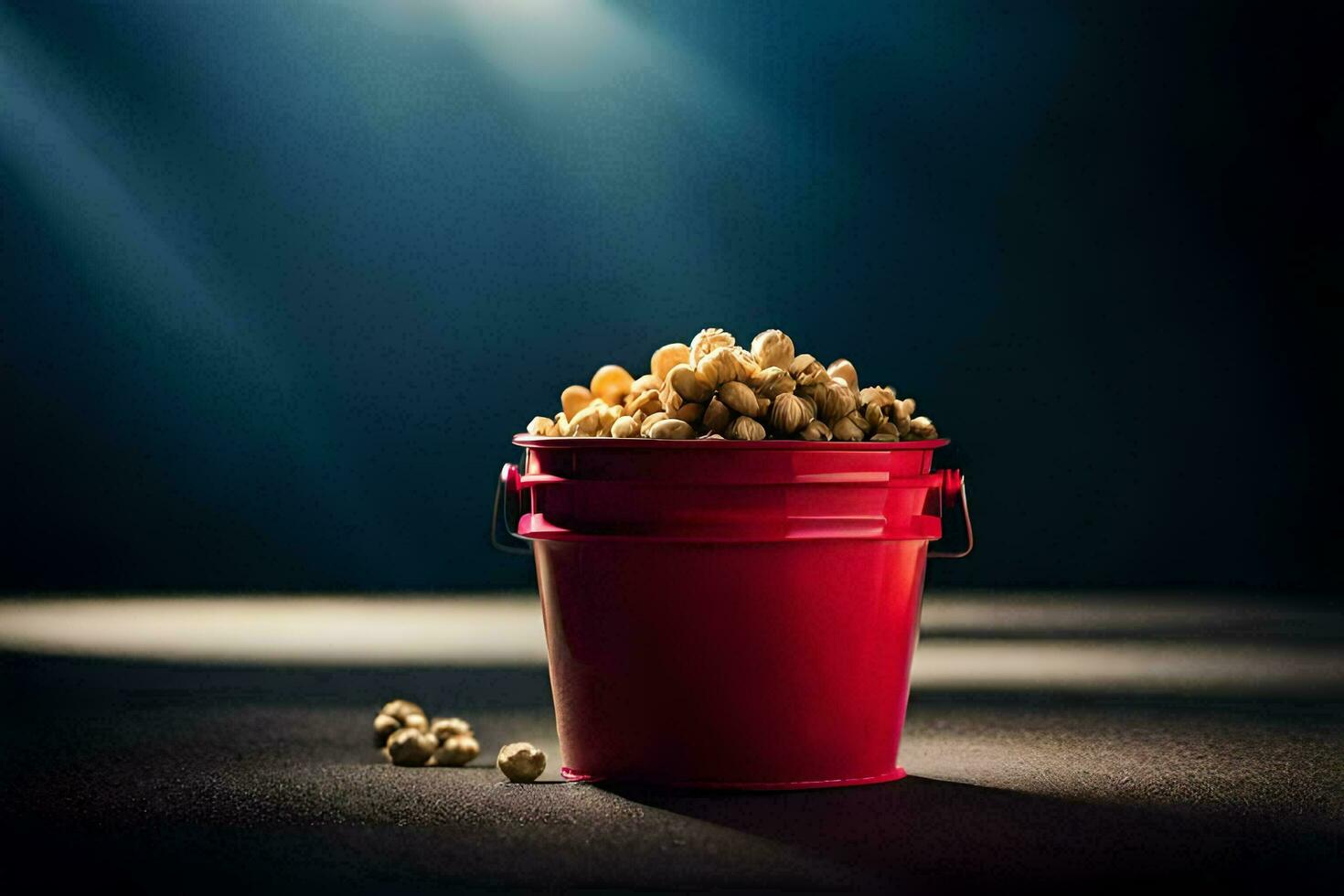 ein Eimer von Popcorn auf ein dunkel Tisch. KI-generiert foto