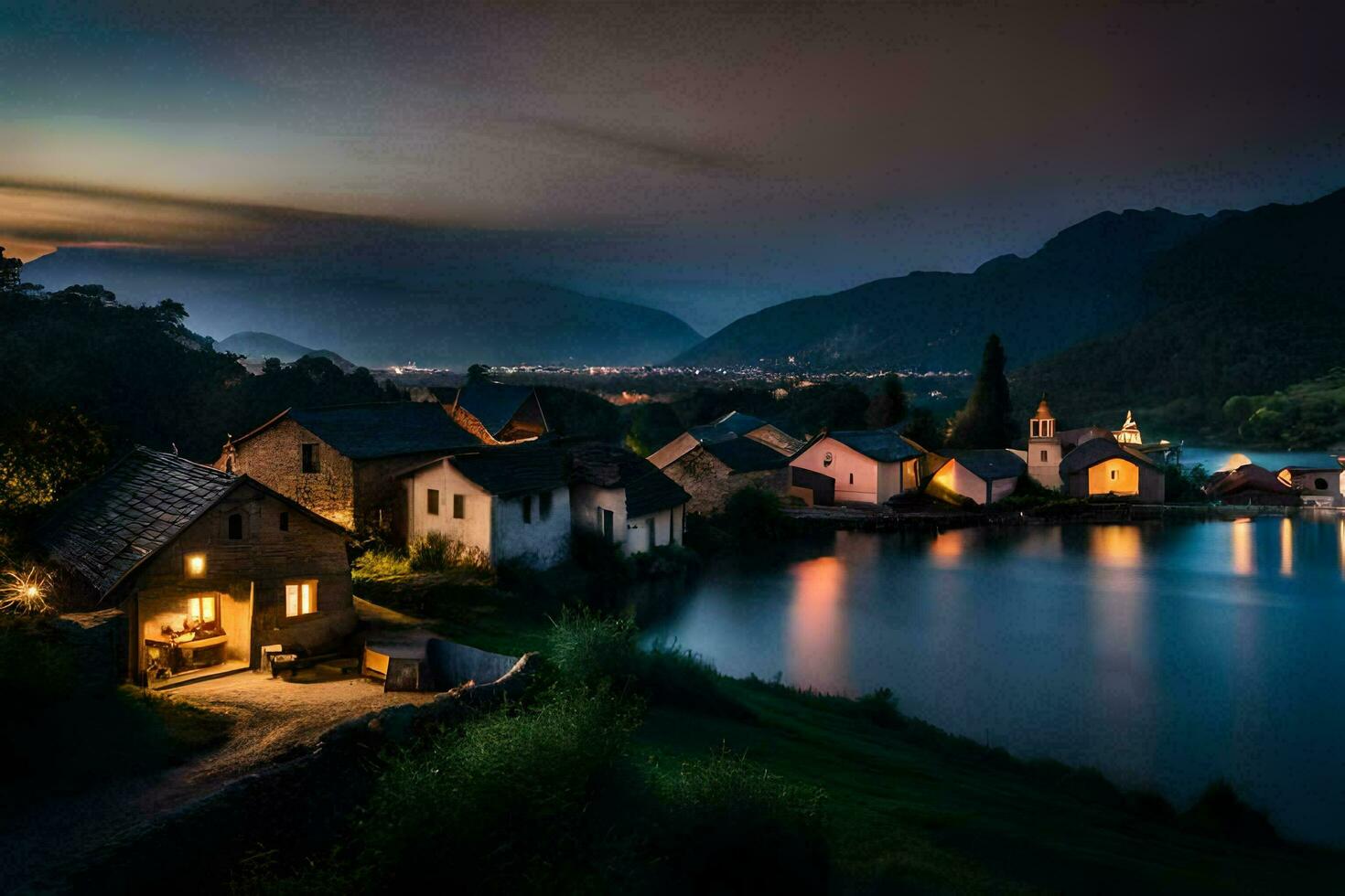 ein Dorf durch das See beim Nacht. KI-generiert foto