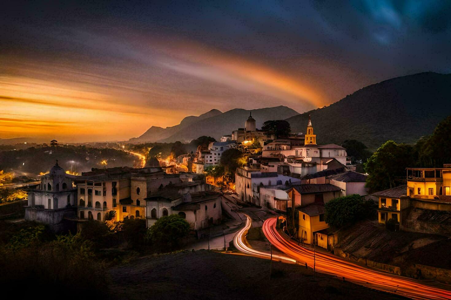 ein Stadt, Dorf beim Sonnenuntergang mit lange Belichtung. KI-generiert foto
