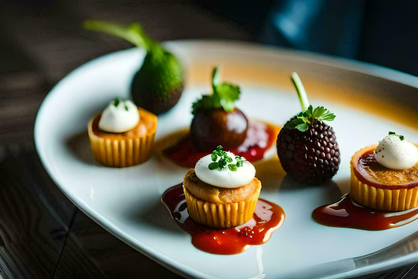 ein Teller mit vier Mini Cupcakes und ein Erdbeere. KI-generiert foto