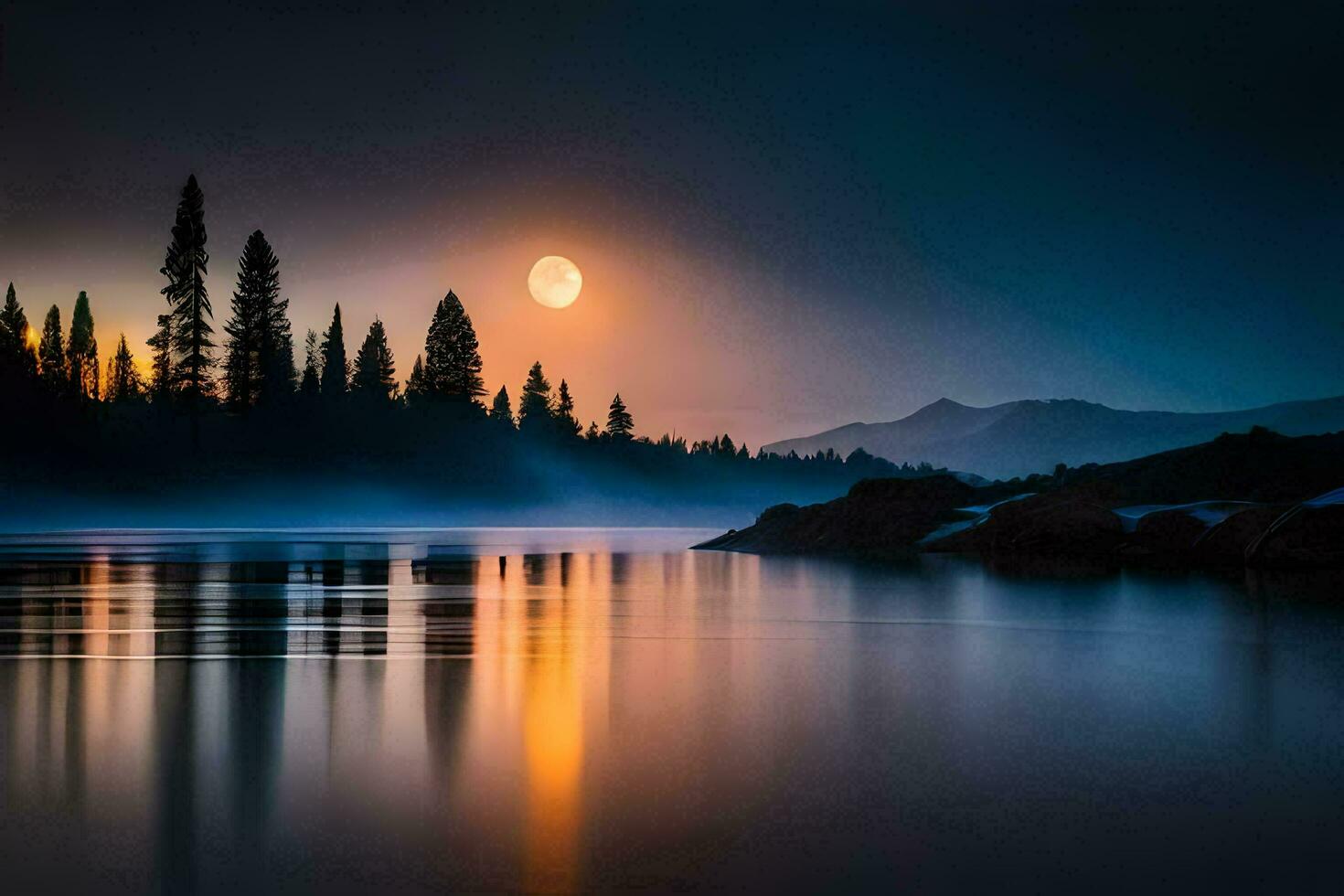 das Mond steigt an Über ein See beim Nacht. KI-generiert foto