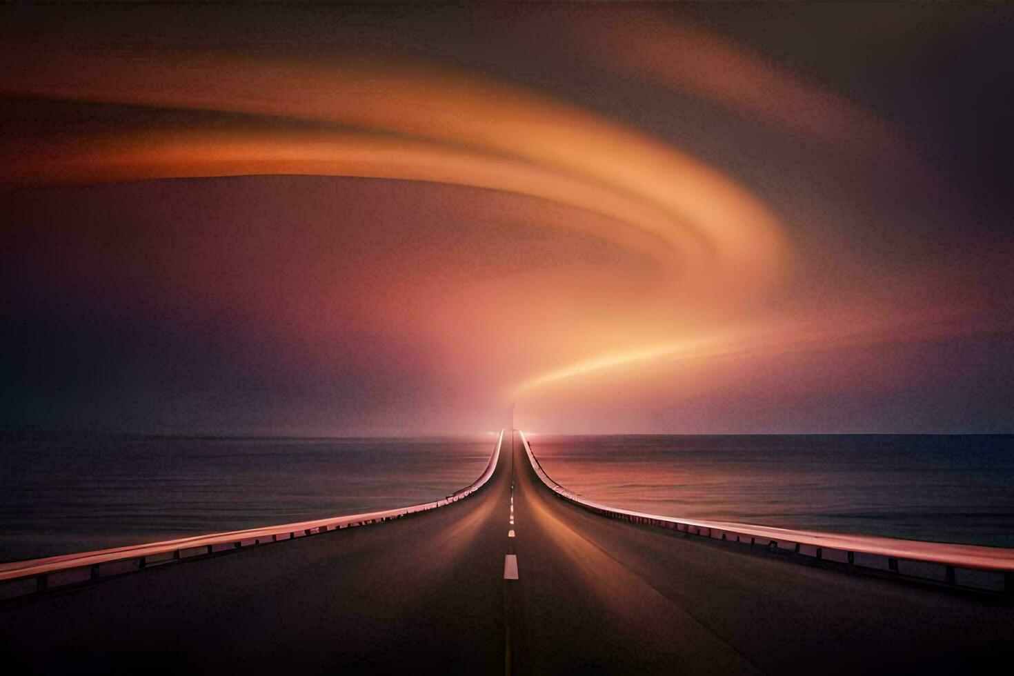 ein lange Straße mit ein lange Brücke Über das Ozean. KI-generiert foto