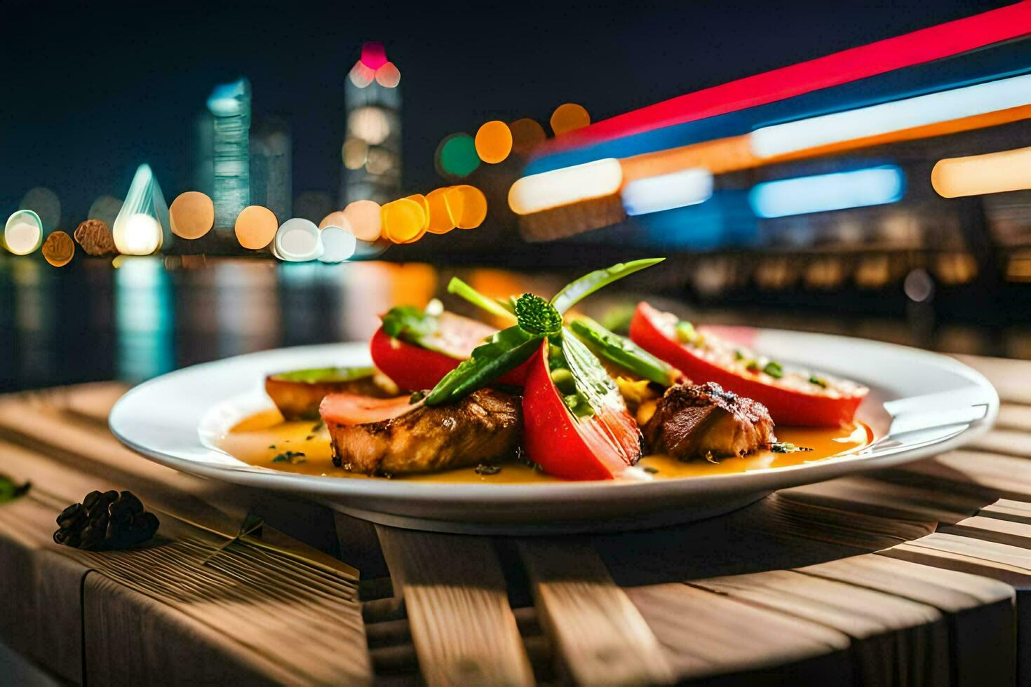 ein Teller von Essen mit Tomaten und Fleisch auf ein Tisch. KI-generiert foto