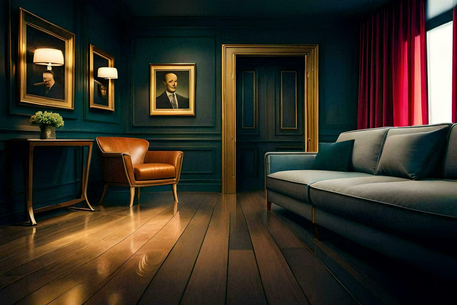 ein dunkel Zimmer mit ein Couch und Stühle. KI-generiert foto