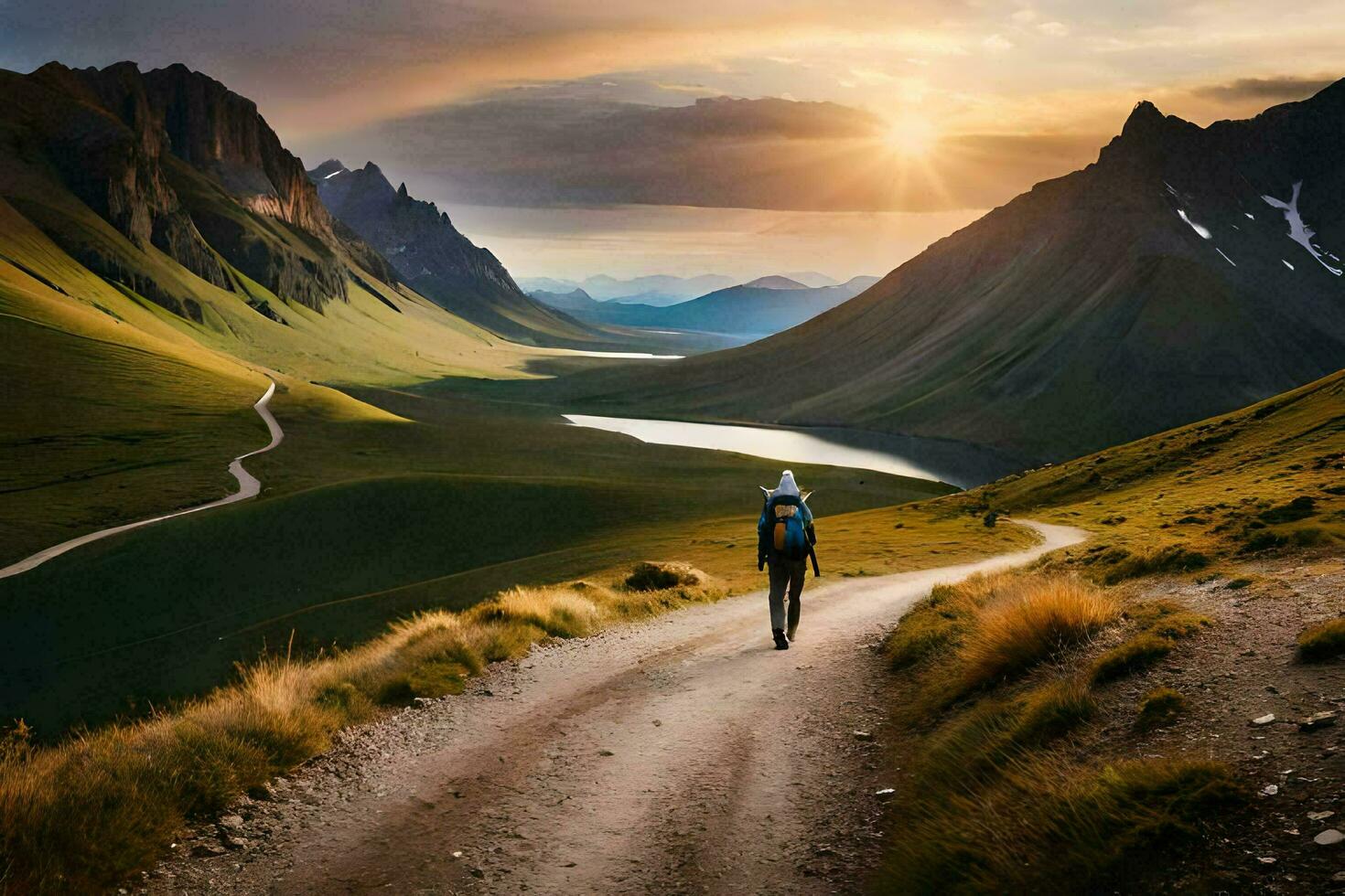 ein Mann Spaziergänge Nieder ein Schmutz Straße im das Berge. KI-generiert foto