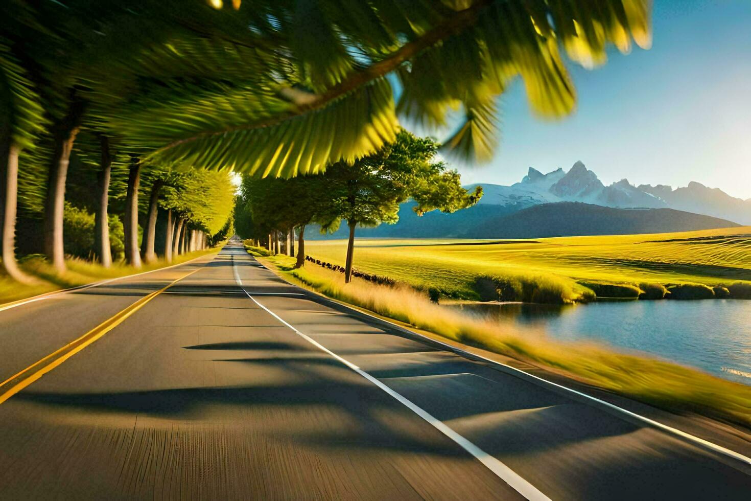 ein Straße mit Bäume und Berge im das Hintergrund. KI-generiert foto