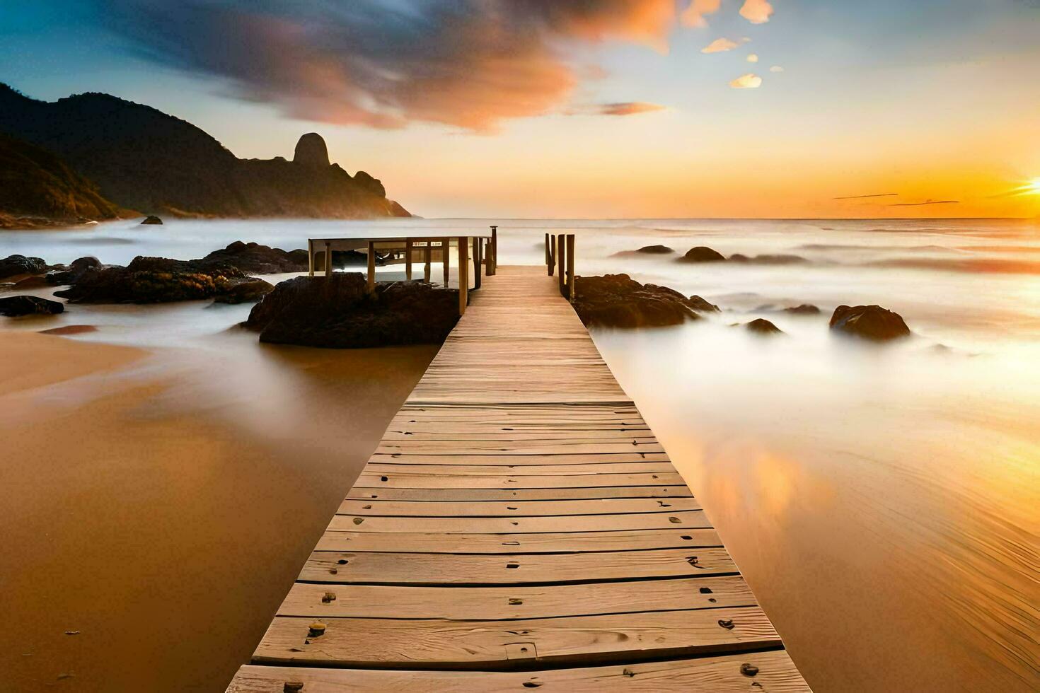 ein hölzern Dock erstreckt sich aus in das Ozean beim Sonnenuntergang. KI-generiert foto