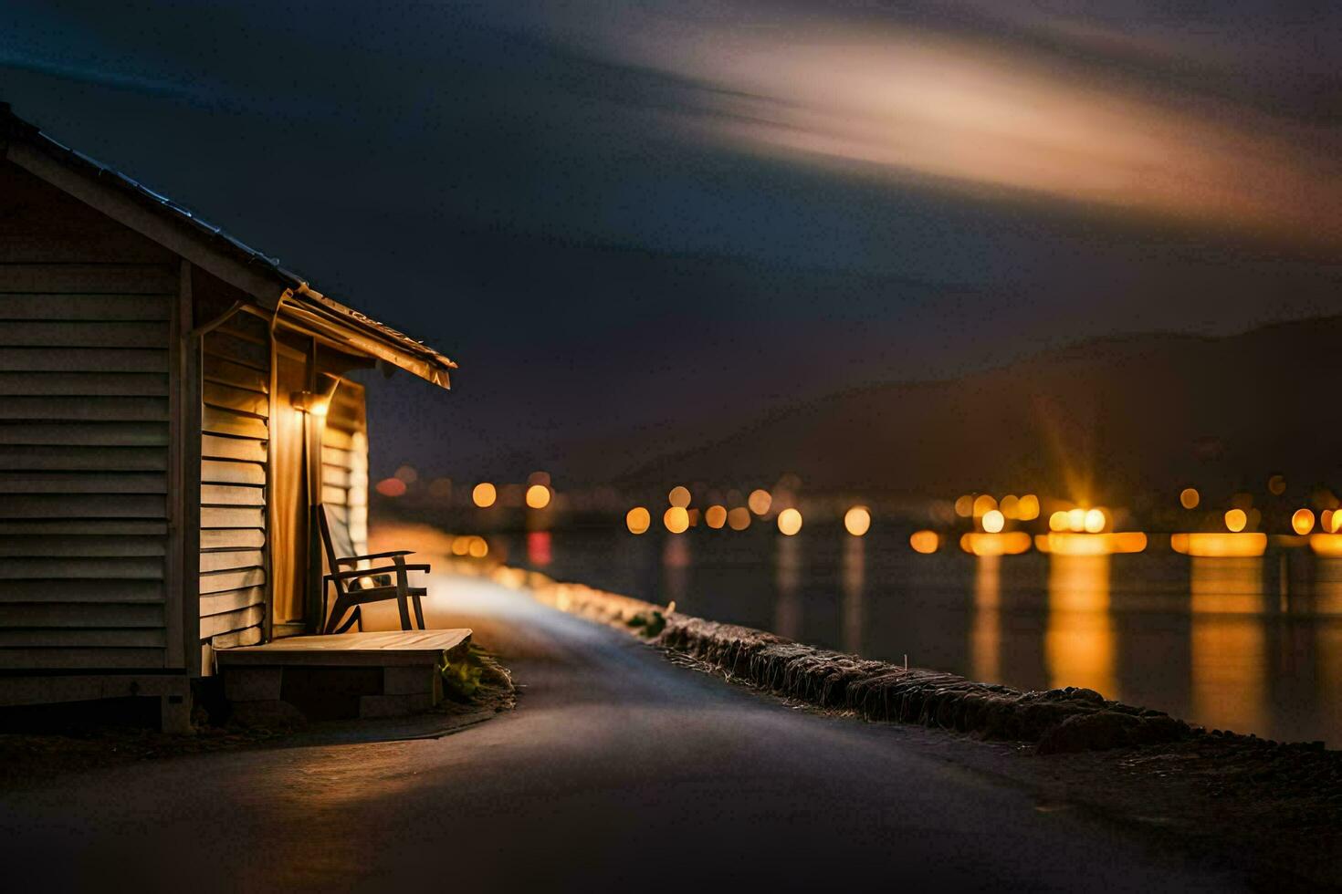 Foto Hintergrund das Nacht, das See, das Haus, das Licht, das Haus, das Licht. KI-generiert