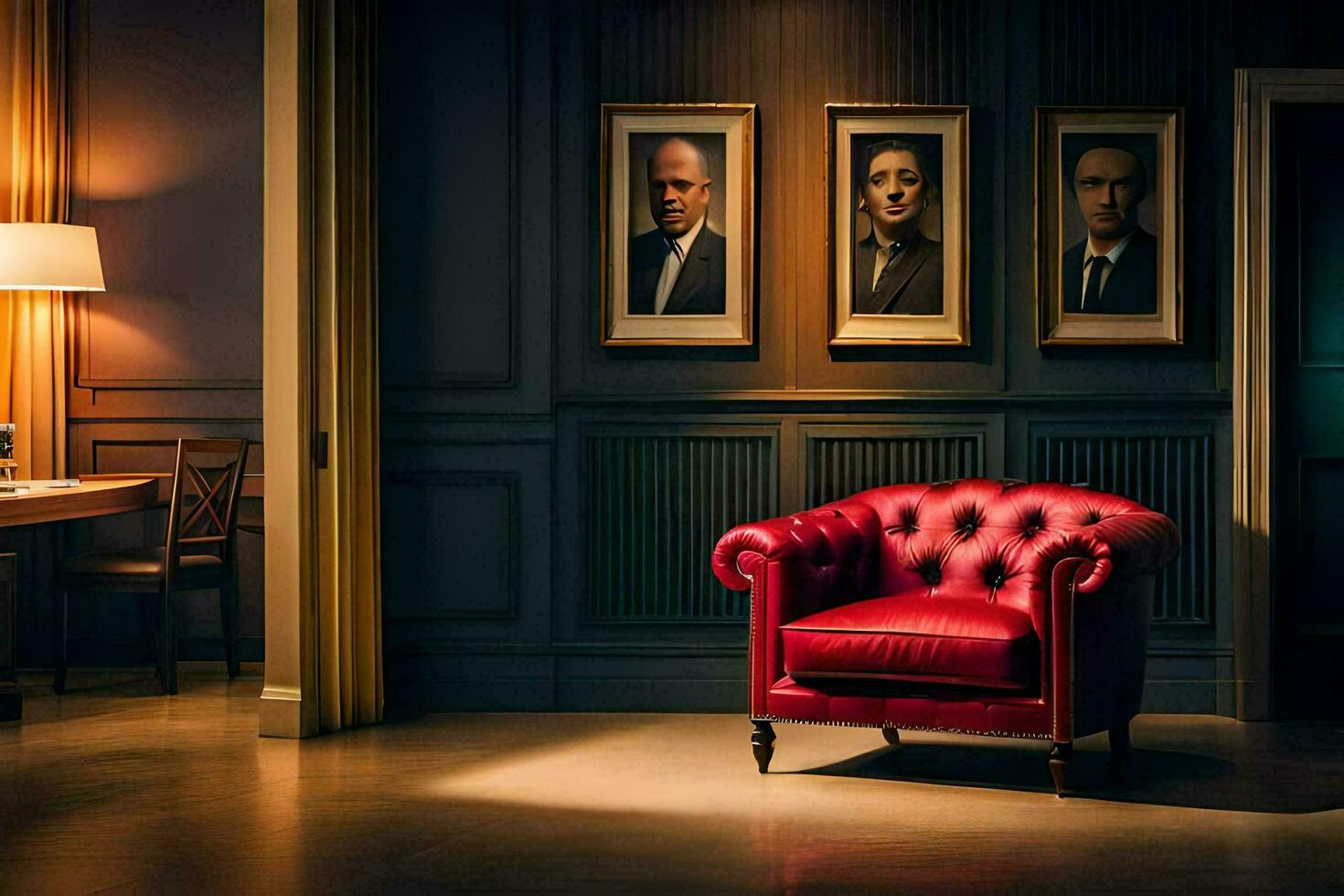 ein rot Stuhl sitzt im Vorderseite von ein Gemälde von ein Mann. KI-generiert foto