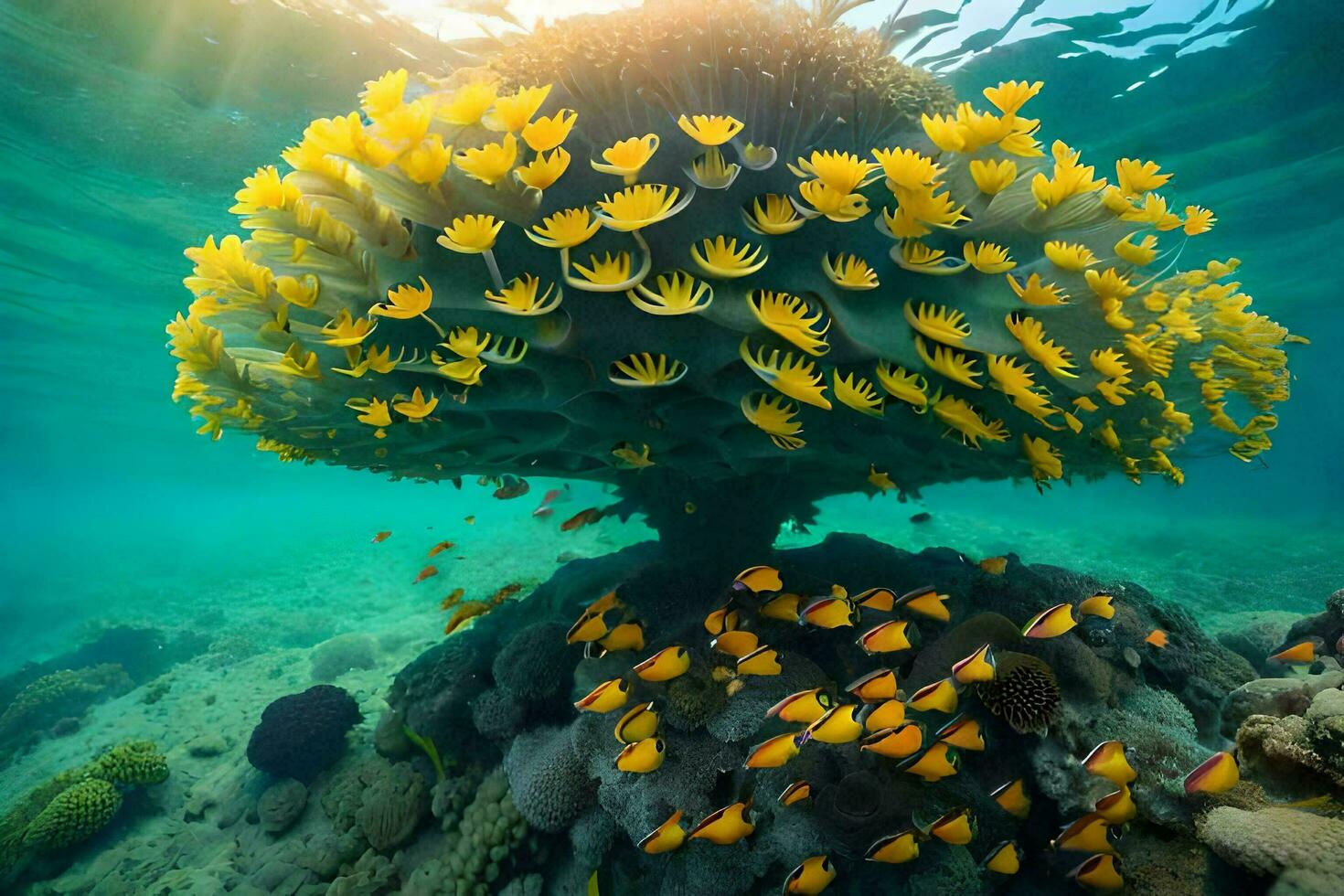 ein Koralle Baum mit Gelb Fisch Schwimmen um Es. KI-generiert foto