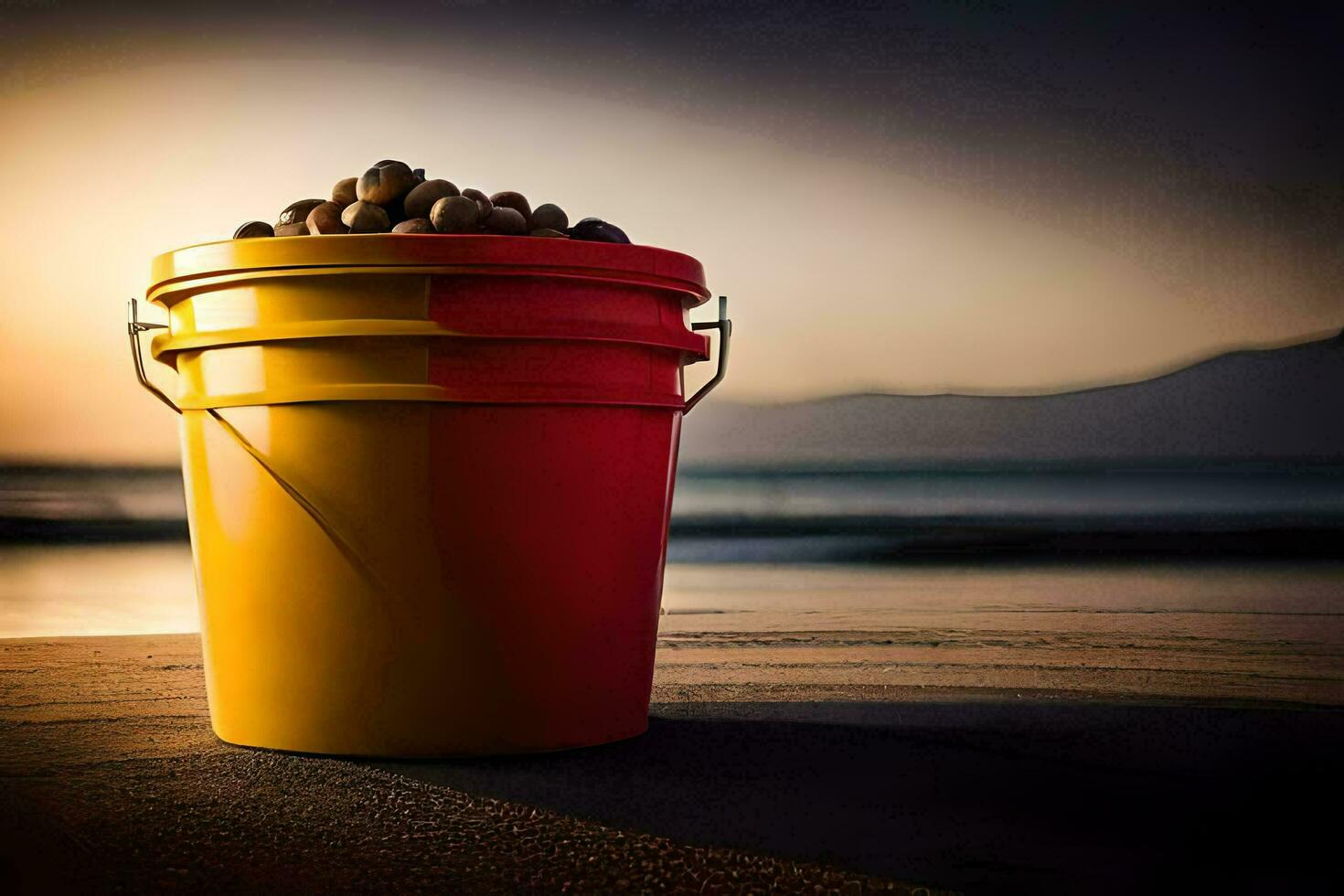 ein Eimer von Nüsse auf das Strand beim Sonnenuntergang. KI-generiert foto