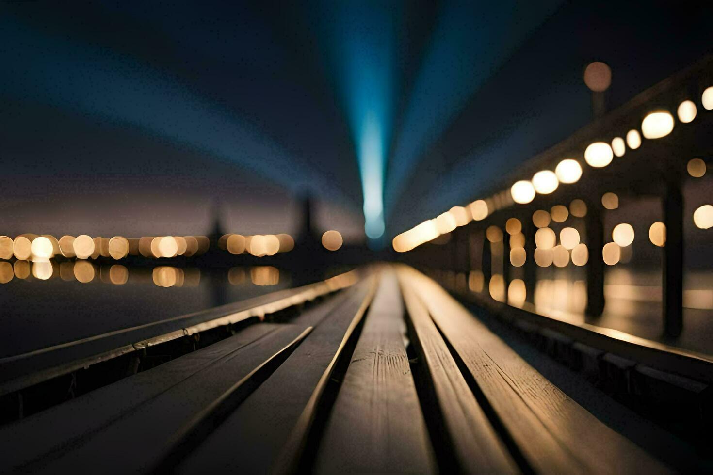 ein lange Brücke mit Beleuchtung auf es beim Nacht. KI-generiert foto