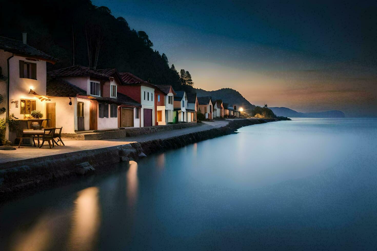 ein lange Exposition fotografieren von Häuser auf das Ufer von ein See. KI-generiert foto