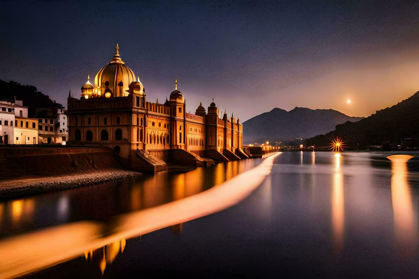 das golden Tempel, Indien, das Mond, das Fluss, Wasser, hd Hintergrund. KI-generiert foto