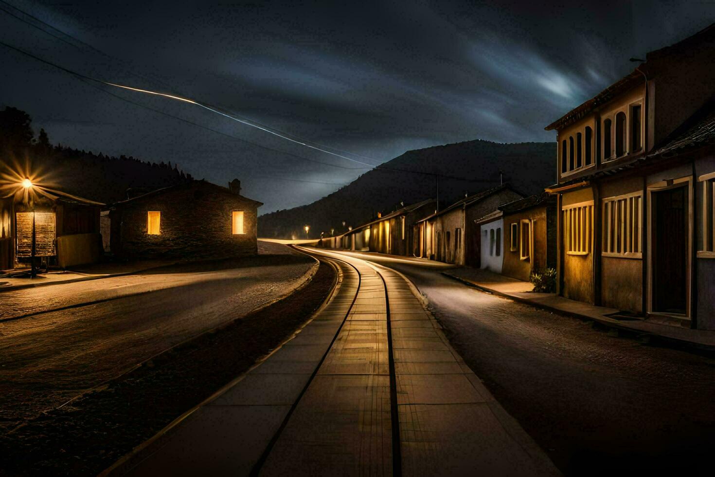 ein lange Exposition Foto von ein Straße beim Nacht. KI-generiert