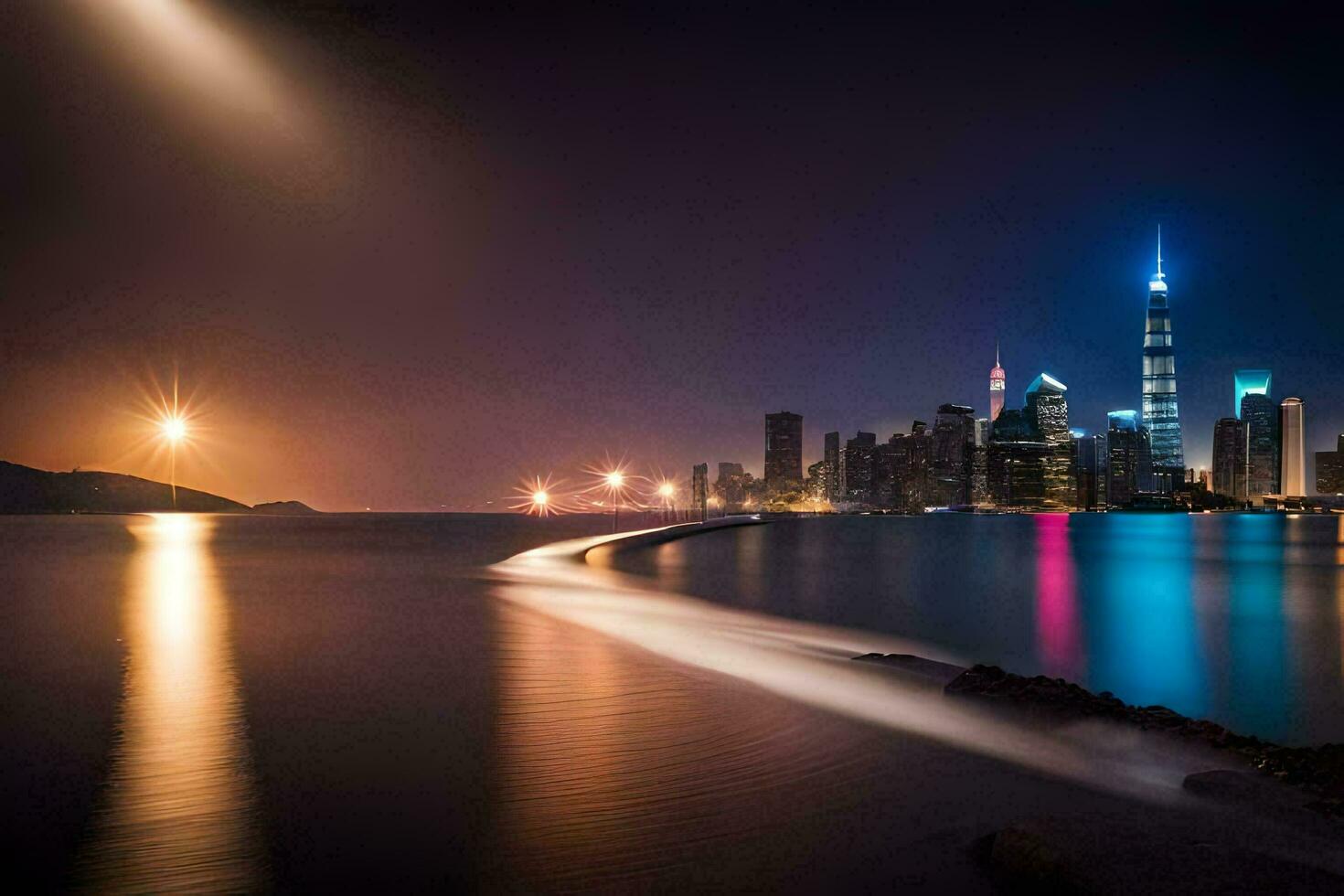 das Stadt Horizont beim Nacht mit ein hell Licht leuchtenden auf Es. KI-generiert foto