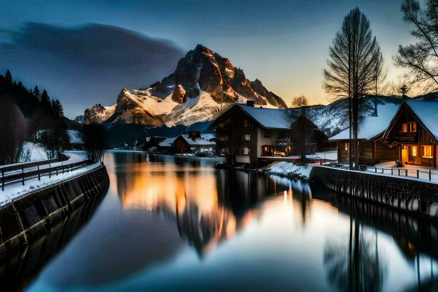 ein Fluss und Berg im das Schnee. KI-generiert foto