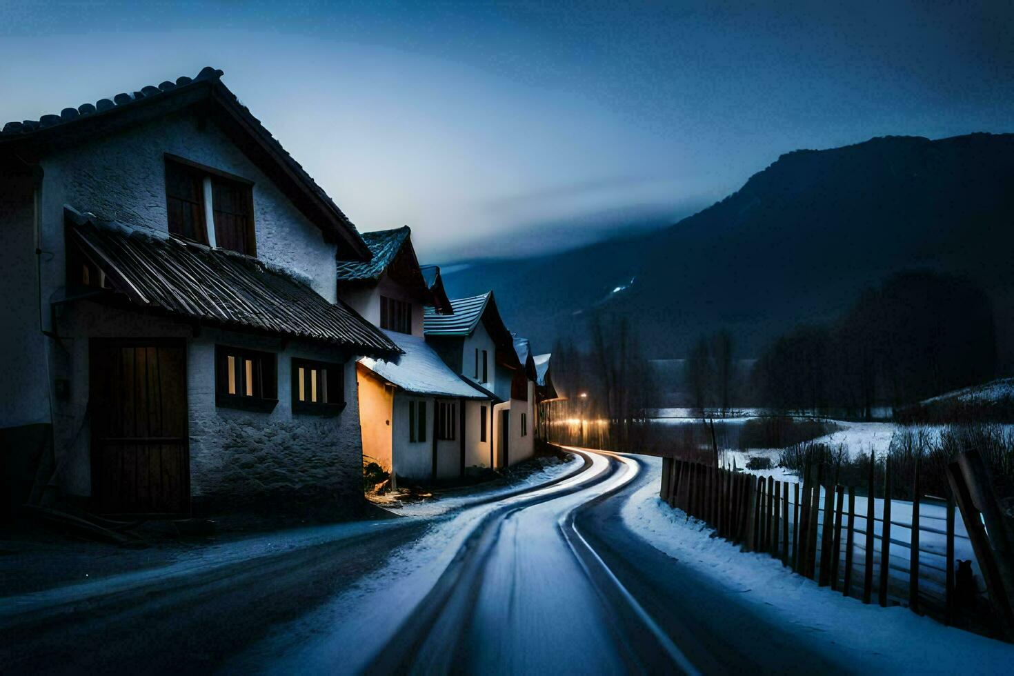ein lange Exposition Foto von ein schneebedeckt Straße im das Mitte von ein Dorf. KI-generiert