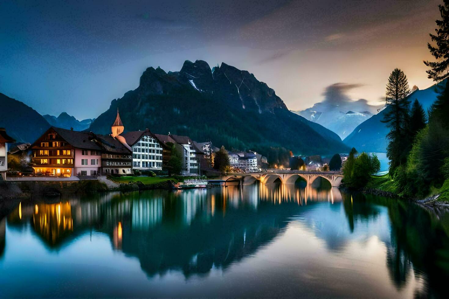 das schön Stadt, Dorf von Schweiz beim Dämmerung. KI-generiert foto