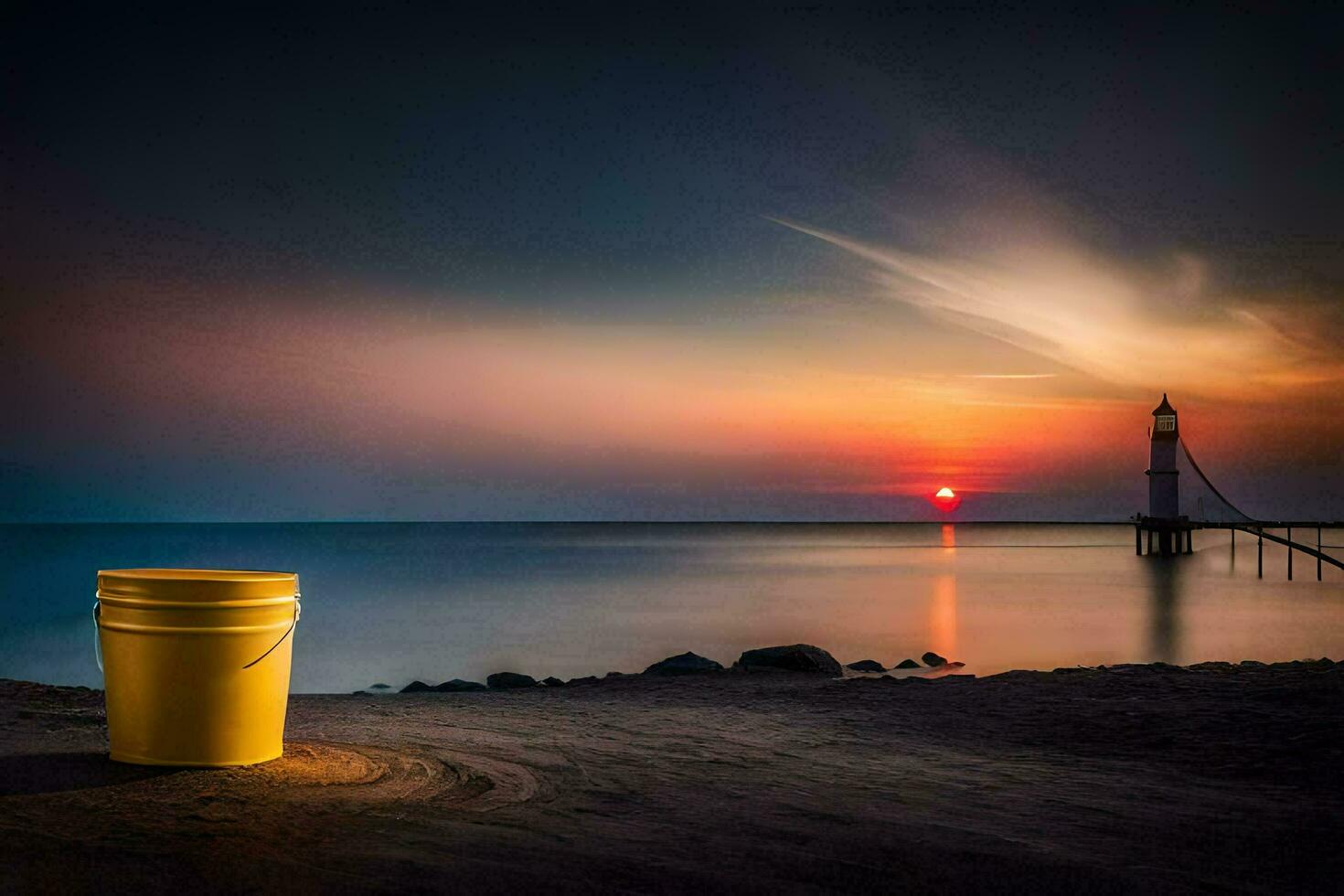 ein Gelb Eimer sitzt auf das Strand beim Sonnenuntergang. KI-generiert foto