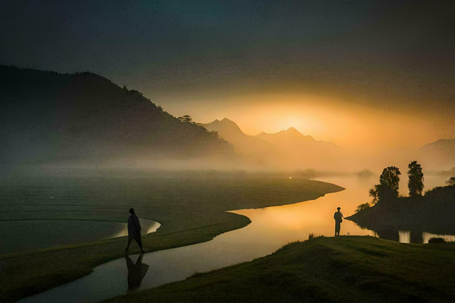 zwei Menschen Gehen entlang ein Fluss beim Sonnenaufgang. KI-generiert foto