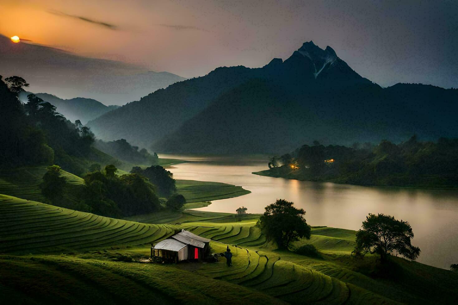 das Sonne setzt Über das Reis Terrassen im Vietnam. KI-generiert foto