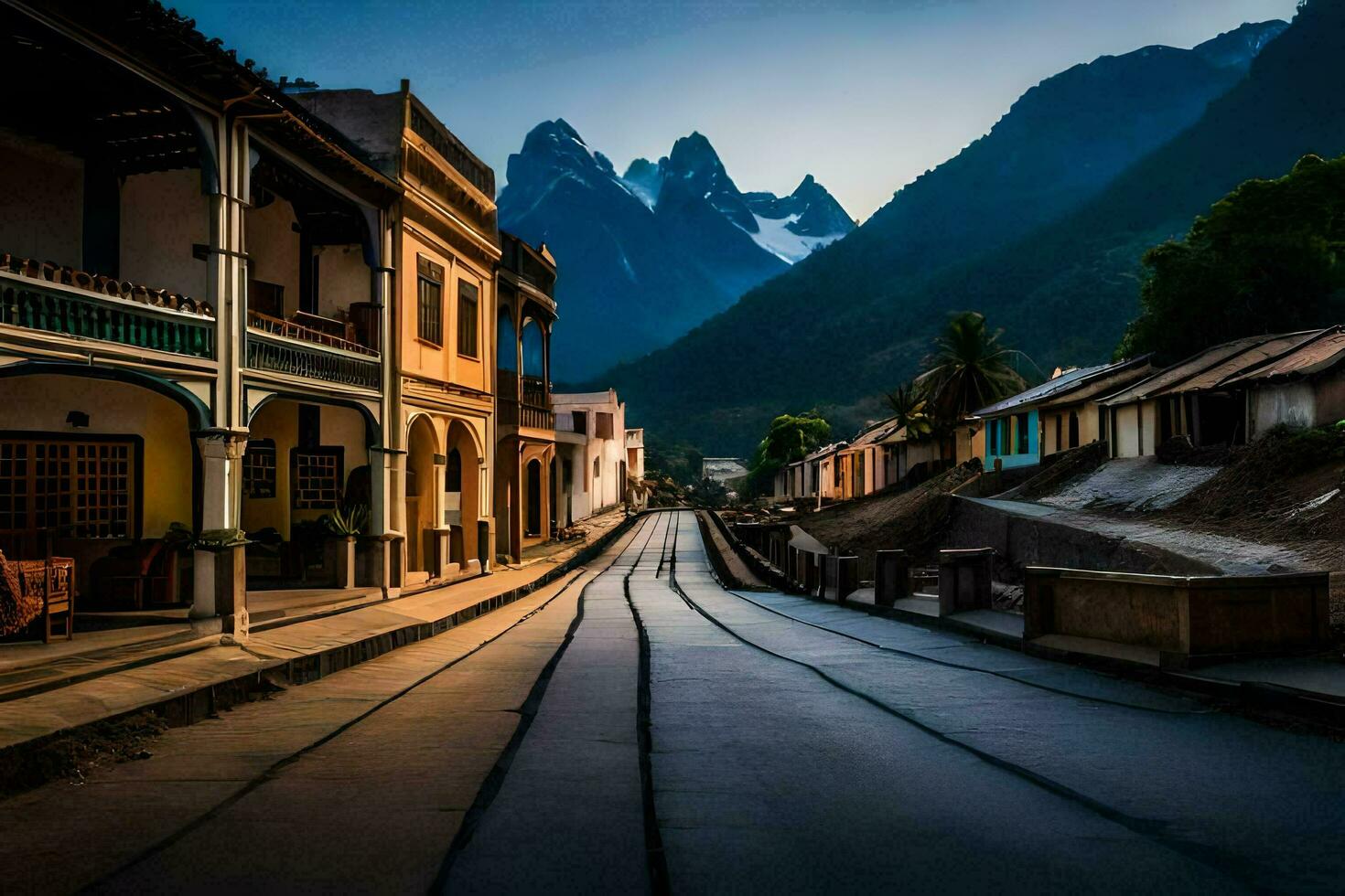 ein Straße im das Berge mit ein Zug Schiene. KI-generiert foto