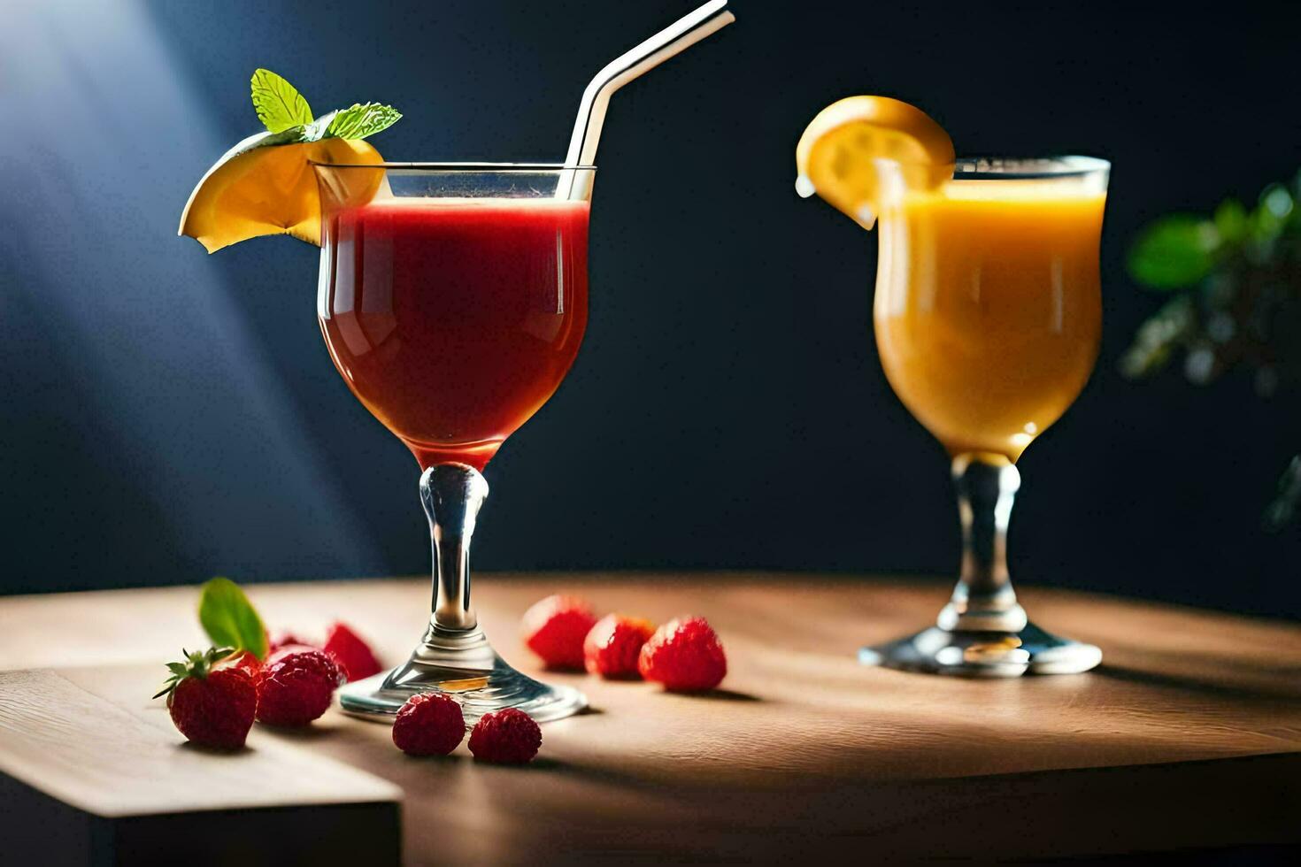 zwei Brille von Saft mit Himbeeren und Erdbeeren. KI-generiert foto