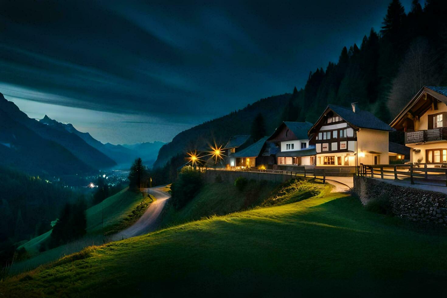 Foto Hintergrund das Himmel, Berge, Bäume, Nacht, das Alpen, Österreich, Die. KI-generiert