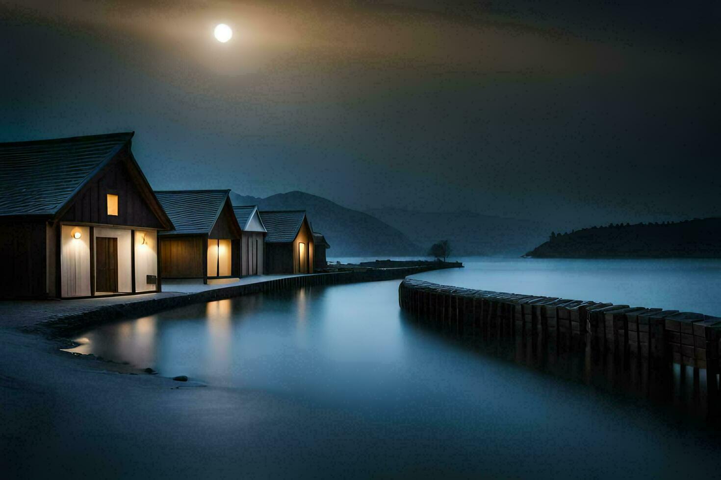 das Mond steigt an Über das See beim Nacht. KI-generiert foto