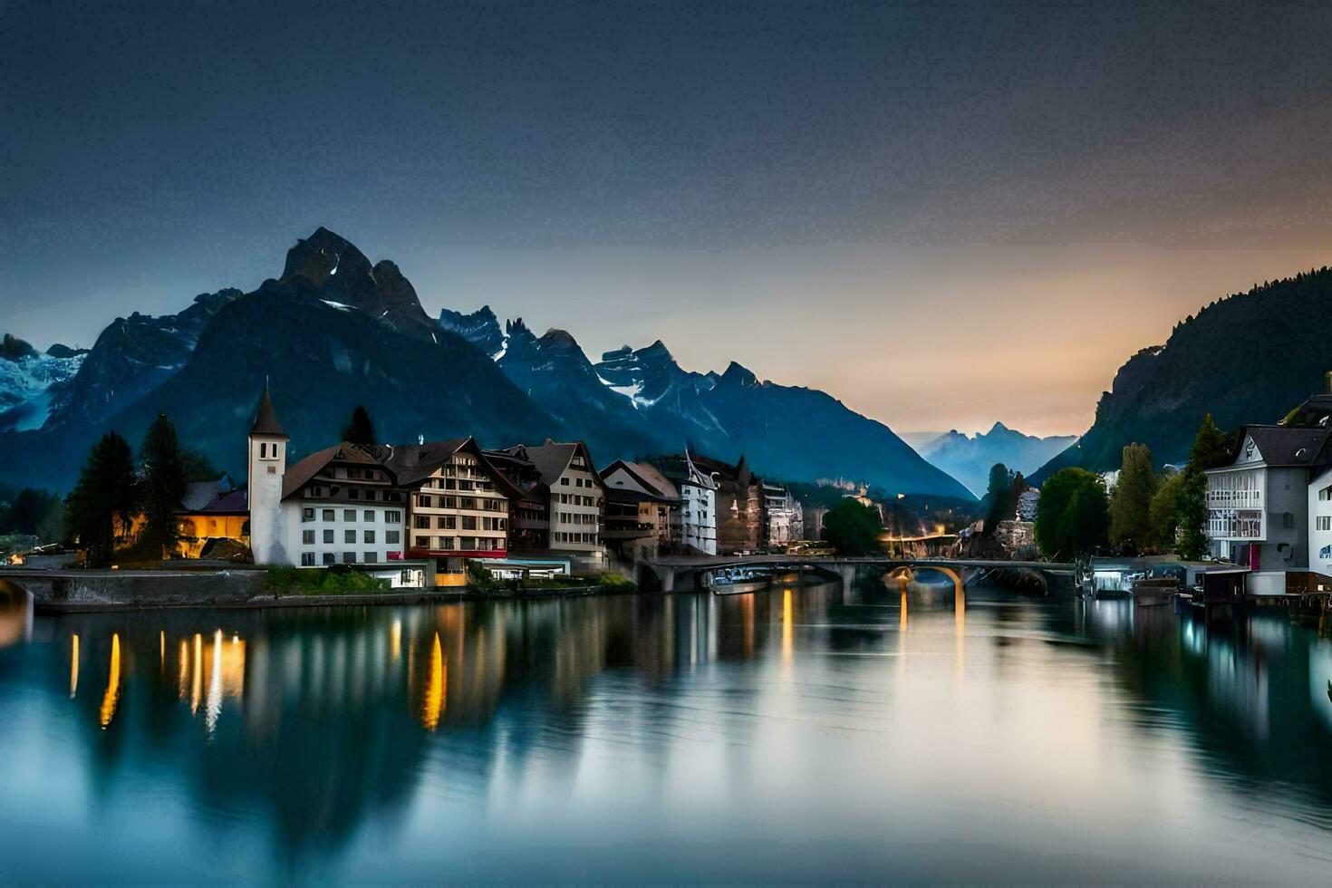 Foto Hintergrund das Himmel, Berge, Fluss, Schweiz, See, Stadt, Schweiz,. KI-generiert