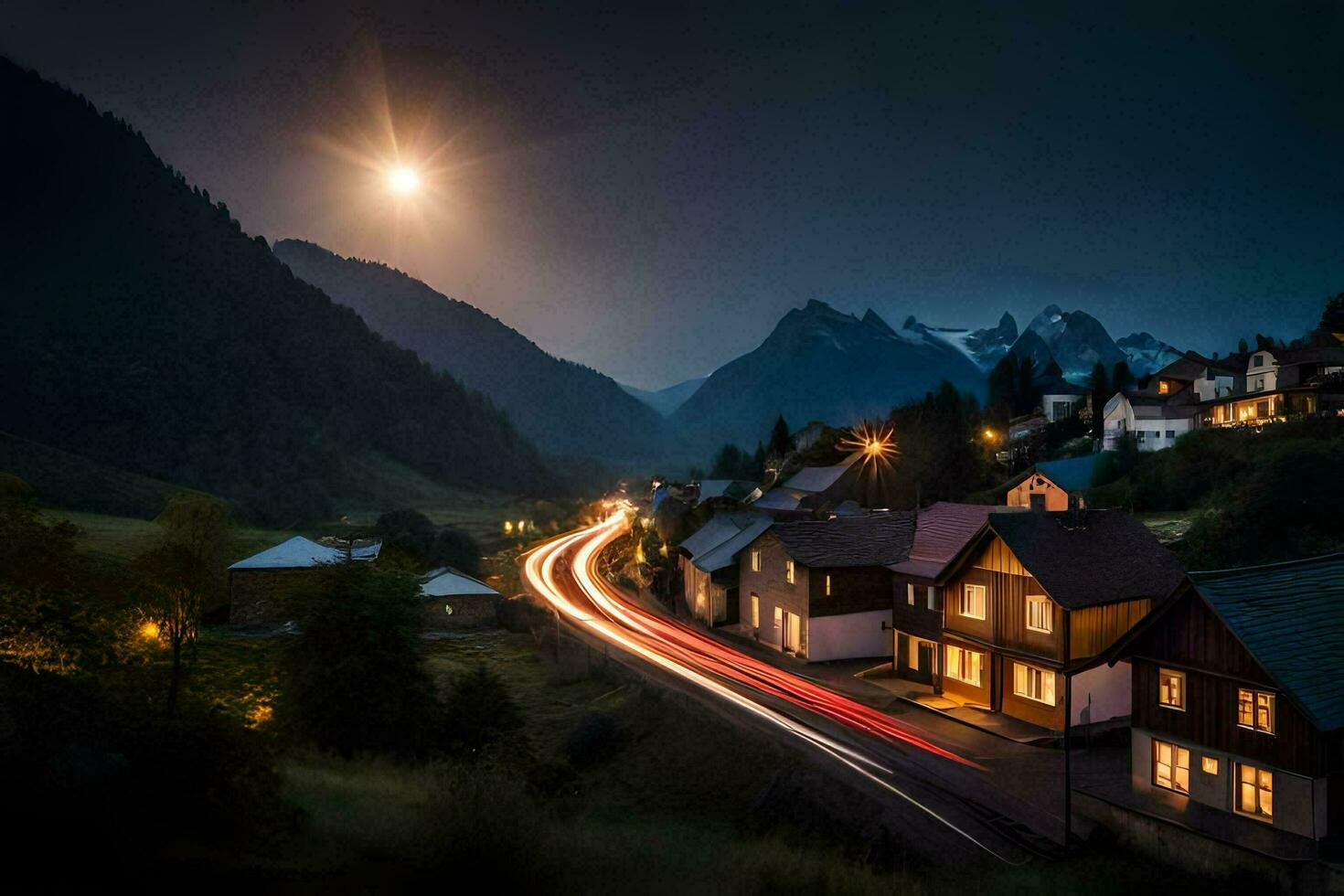 Foto Hintergrund das Himmel, Berge, Nacht, das Mond, das Straße, das Dorf, Die. KI-generiert