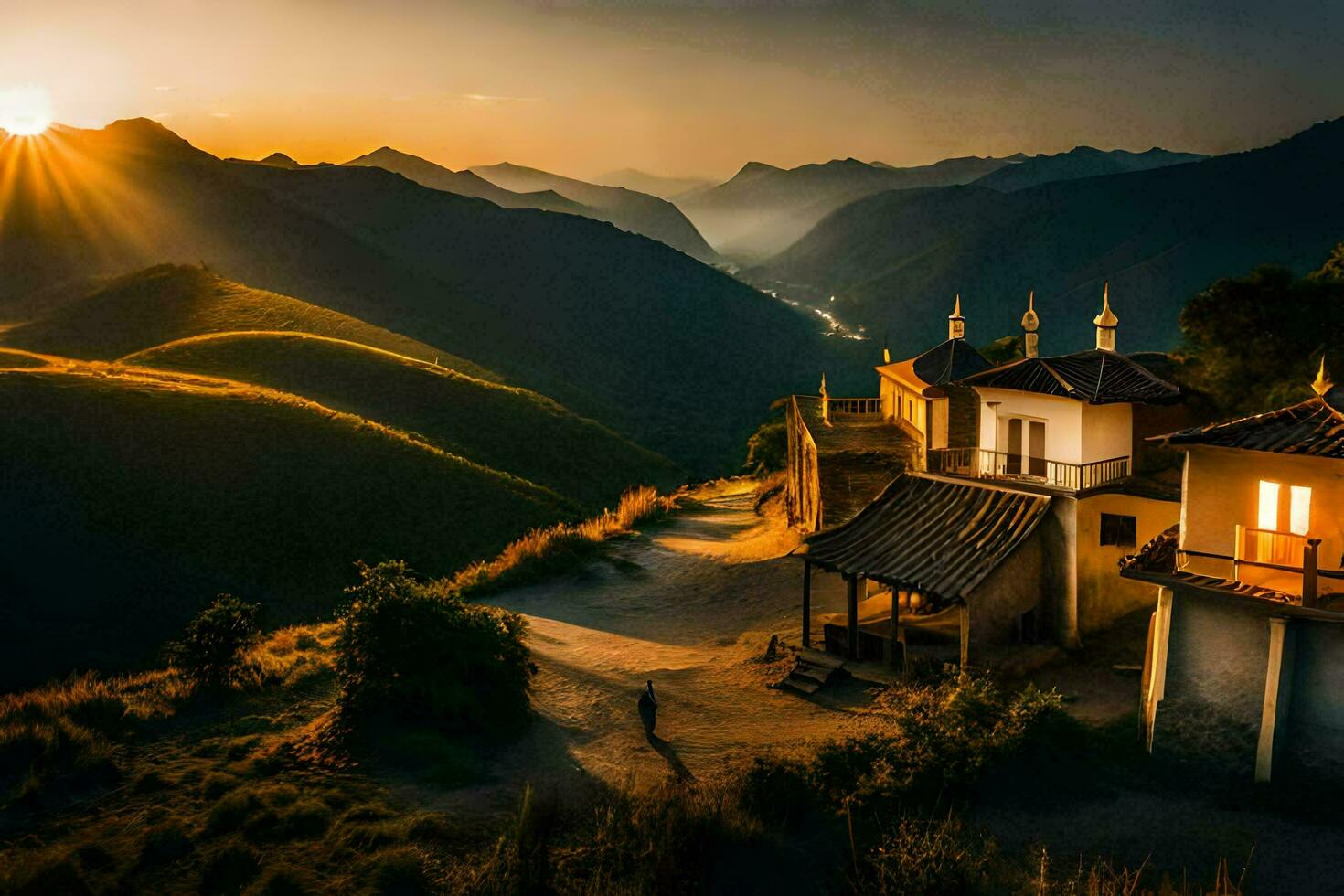 das Sonne setzt Über ein Haus auf ein Berg. KI-generiert foto