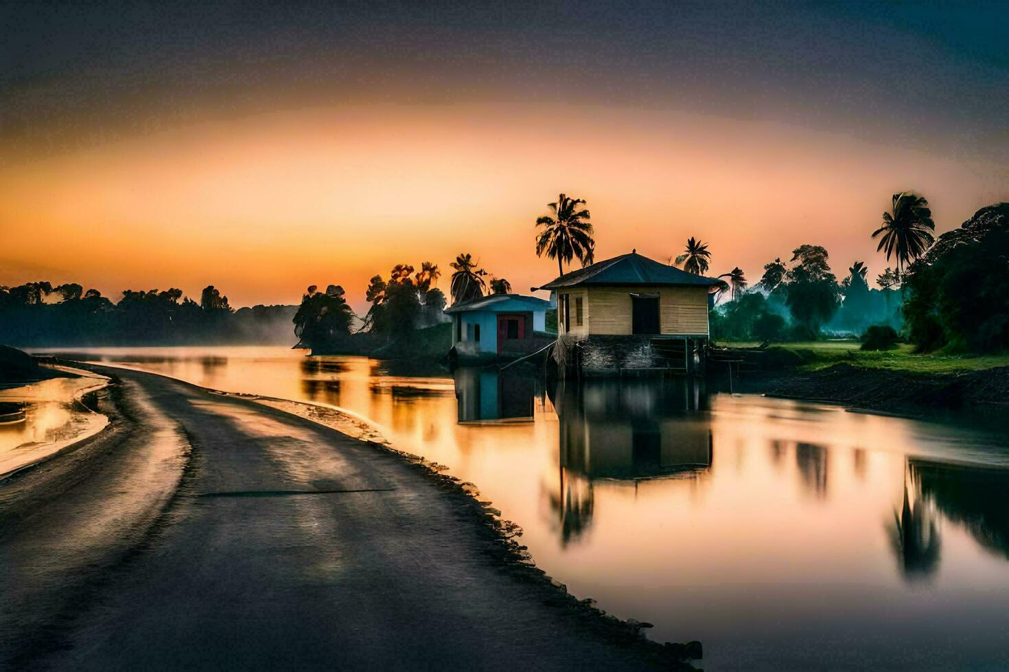 ein Straße führen zu ein Haus auf das Seite von ein Fluss. KI-generiert foto