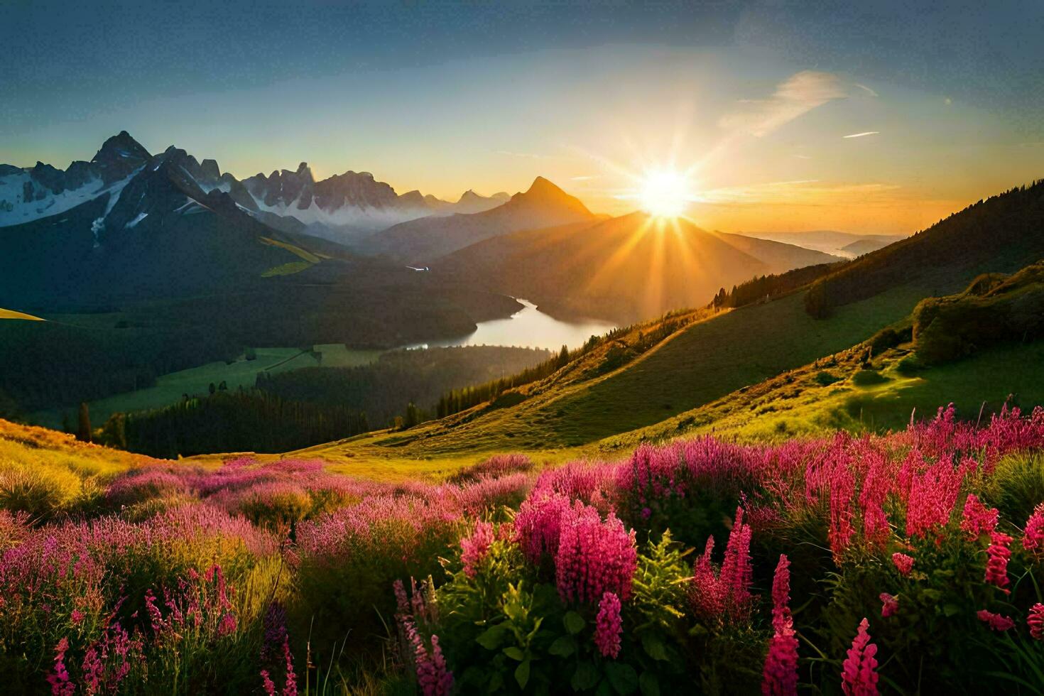 das Sonne steigt an Über das Berge und Blumen im das Vordergrund. KI-generiert foto
