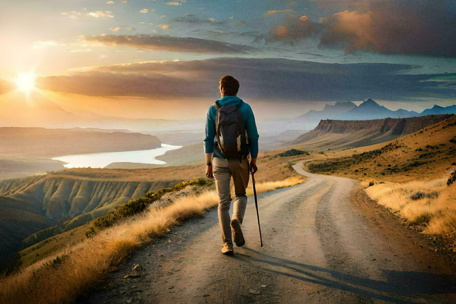 ein Mann mit ein Rucksack Gehen auf ein Straße beim Sonnenuntergang. KI-generiert foto