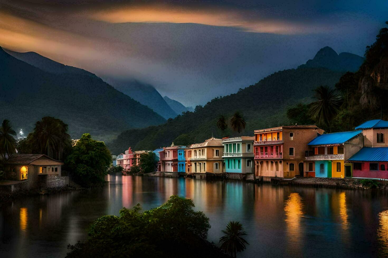 bunt Häuser Linie das Banken von ein Fluss. KI-generiert foto