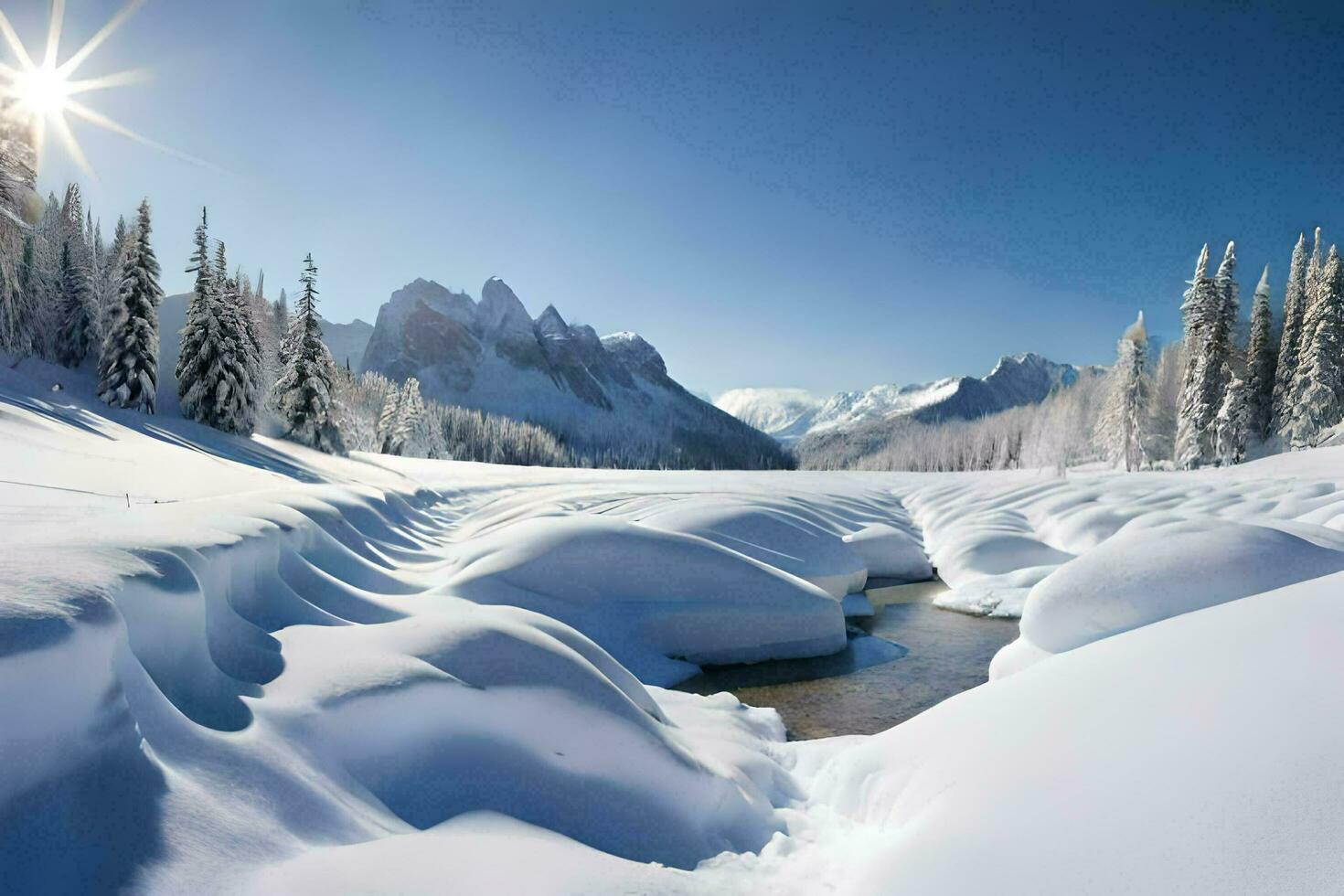 Schnee bedeckt Berge und ein Strom im das Mitte von ein schneebedeckt Feld. KI-generiert foto