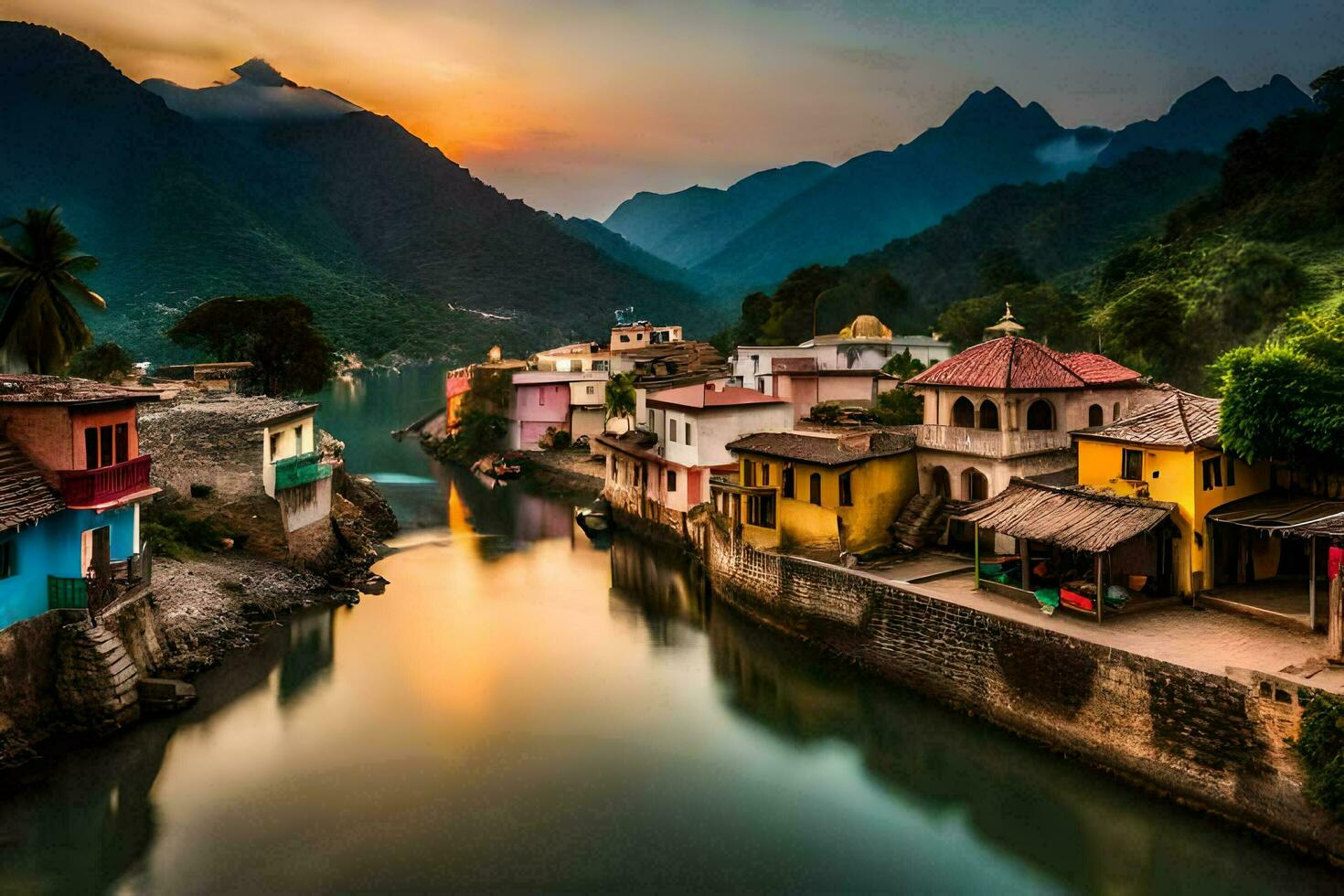 ein Fluss läuft durch ein Dorf beim Sonnenuntergang. KI-generiert foto