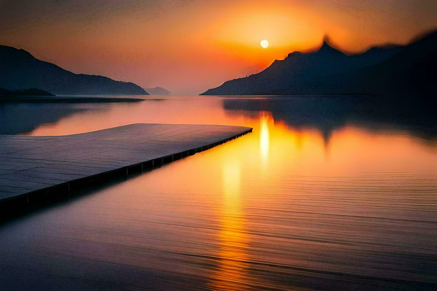 ein Seebrücke im das Mitte von ein See beim Sonnenuntergang. KI-generiert foto