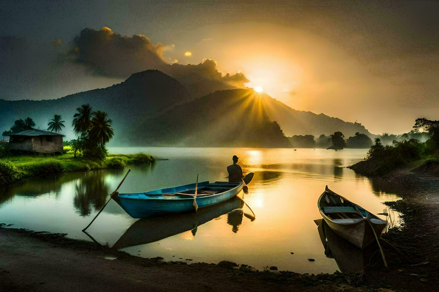 das Sonnenaufgang Über das See. KI-generiert foto