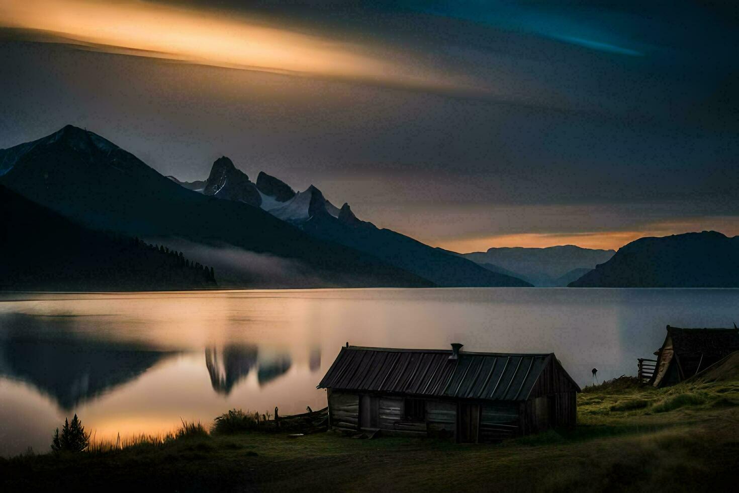 ein Kabine sitzt auf das Ufer von ein See beim Sonnenuntergang. KI-generiert foto