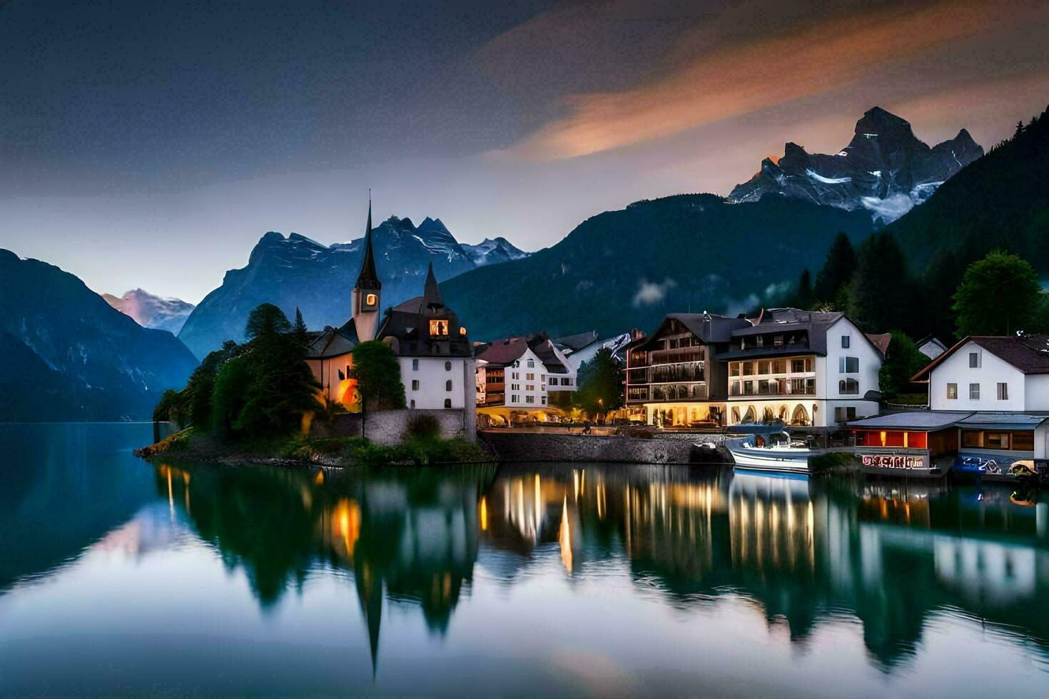 ein Stadt, Dorf sitzt auf das Ufer von ein See mit Berge im das Hintergrund. KI-generiert foto